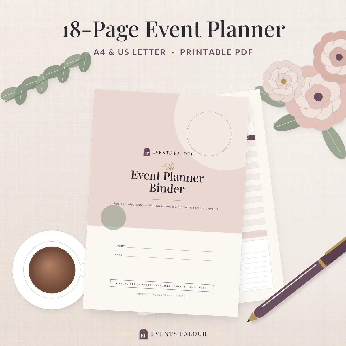 The Event Planner Binder printed on a desk with flowers, a pen and coffee