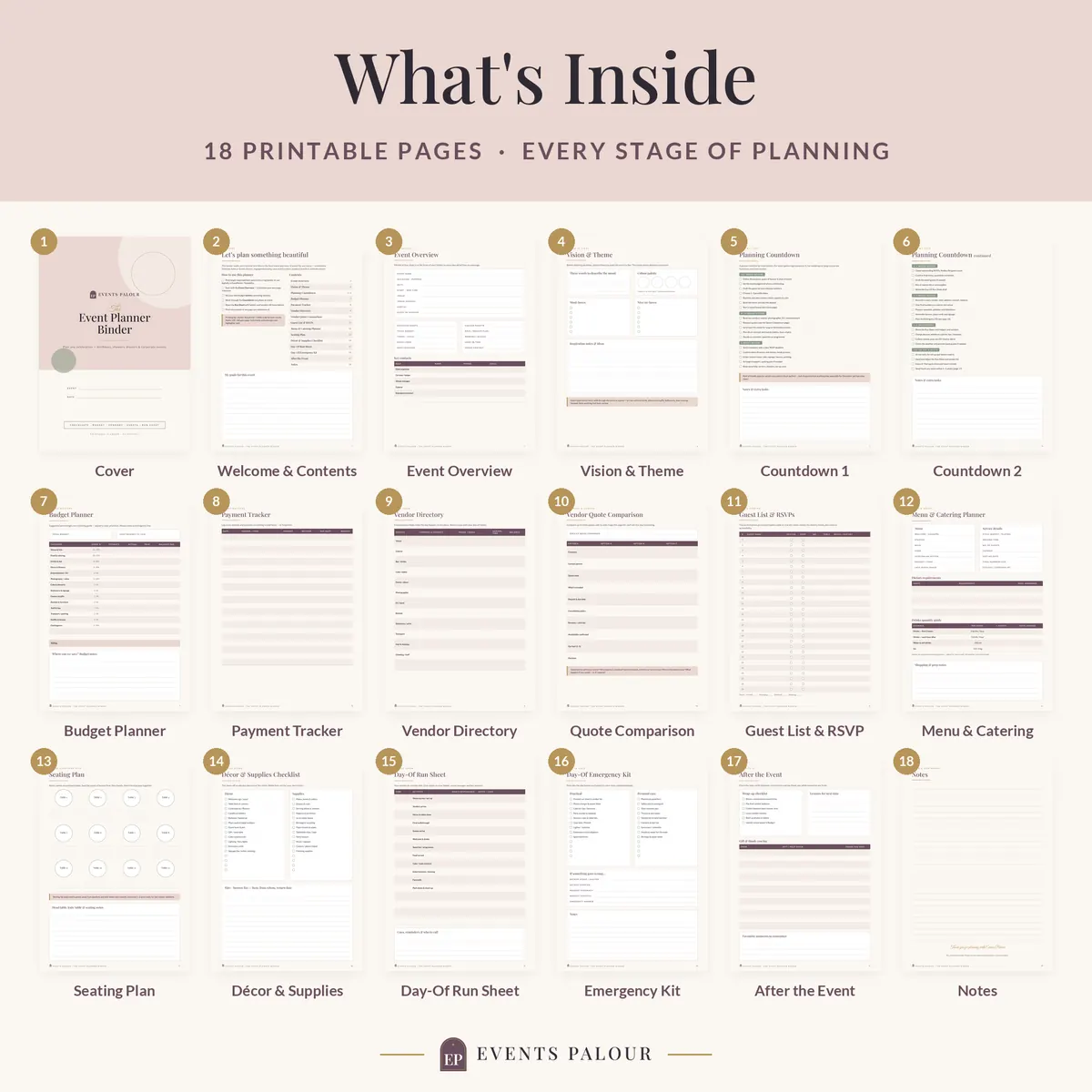 Grid of all 18 pages in The Event Planner Binder