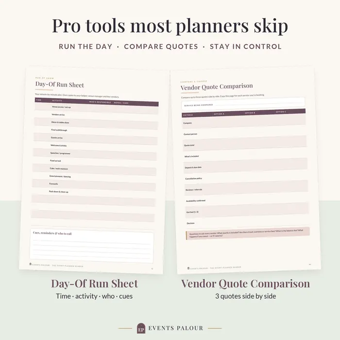 Day-of run sheet and vendor quote comparison pages