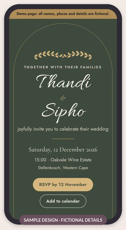 Sample wedding guest hub on a phone: a green and gold design with fictional names