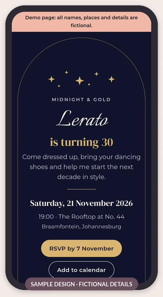 Sample one-page event site on a phone: a navy and gold 30th birthday with fictional details